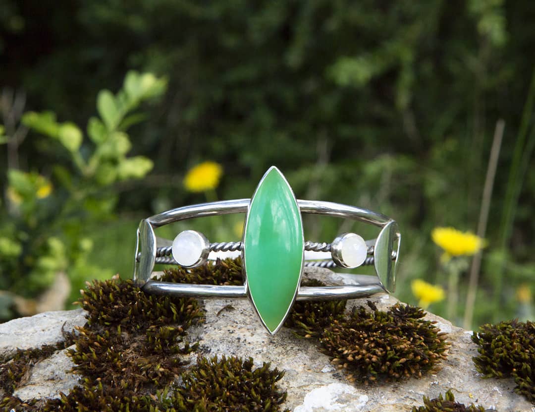 Brazalete LUNAS DE PLATA925 con CRISOPRASA y PIEDRA LUNA