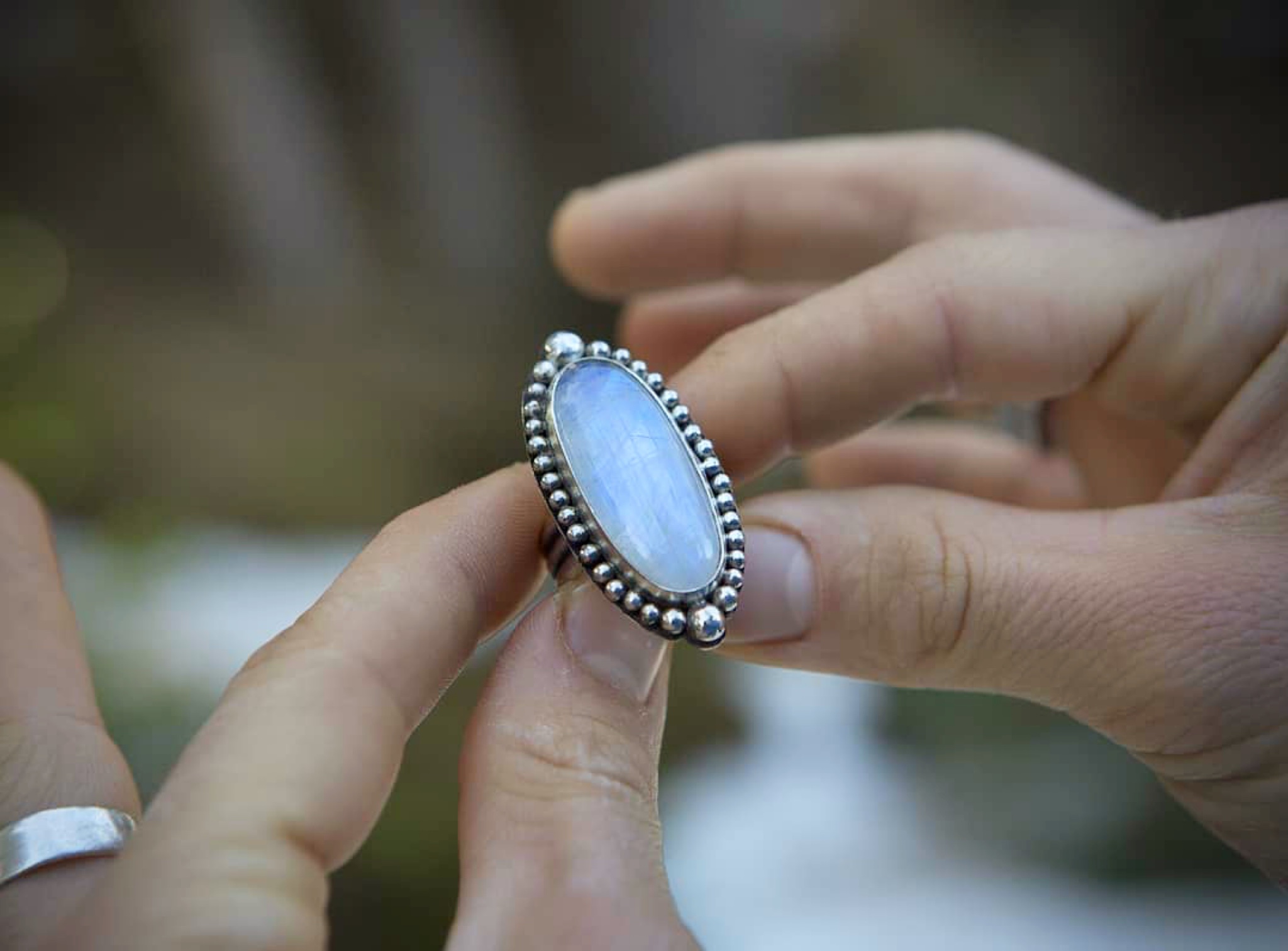 Anillo PLATA 925 con PIEDRA LUNA TIRA BOLAS - Talla 9-10-11